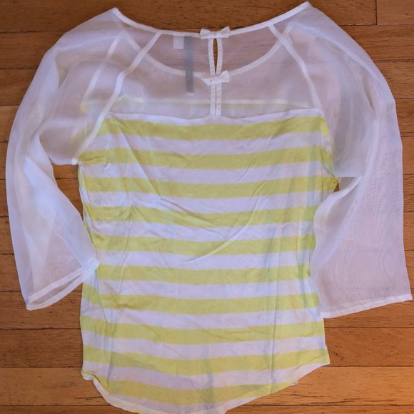 LC Lauren Conrad Women's Striped Bow Tee 3/4 Sleeves Yellow & White Shirt - Picture 8 of 16